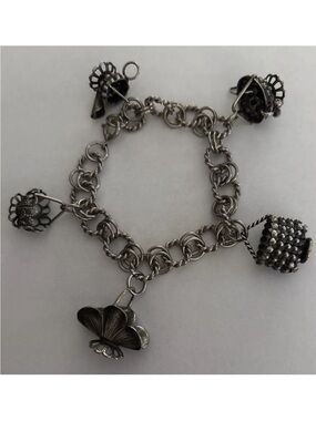 Vintage Silver Entruscan styled charm Bracelet tea cup serving bowls